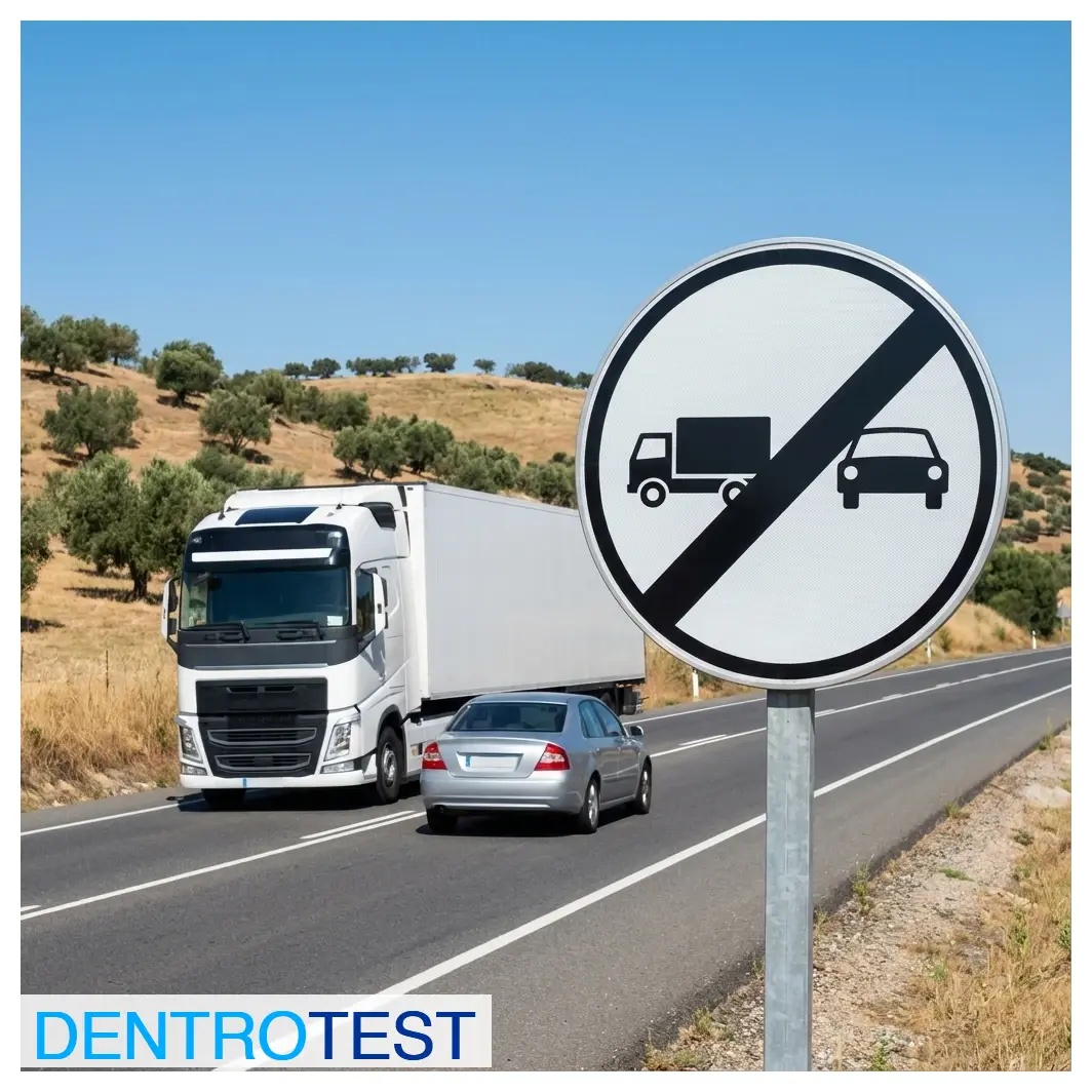 What does this white circular sign with a truck silhouette and a black diagonal band indicate?