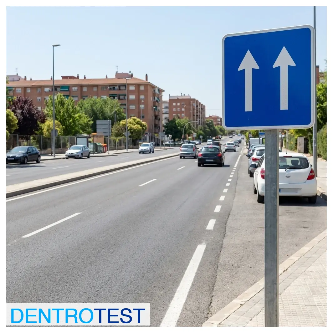 ¿Qué indica exactamente esta señal rectangular azul con flechas sobre el sentido de la marcha?