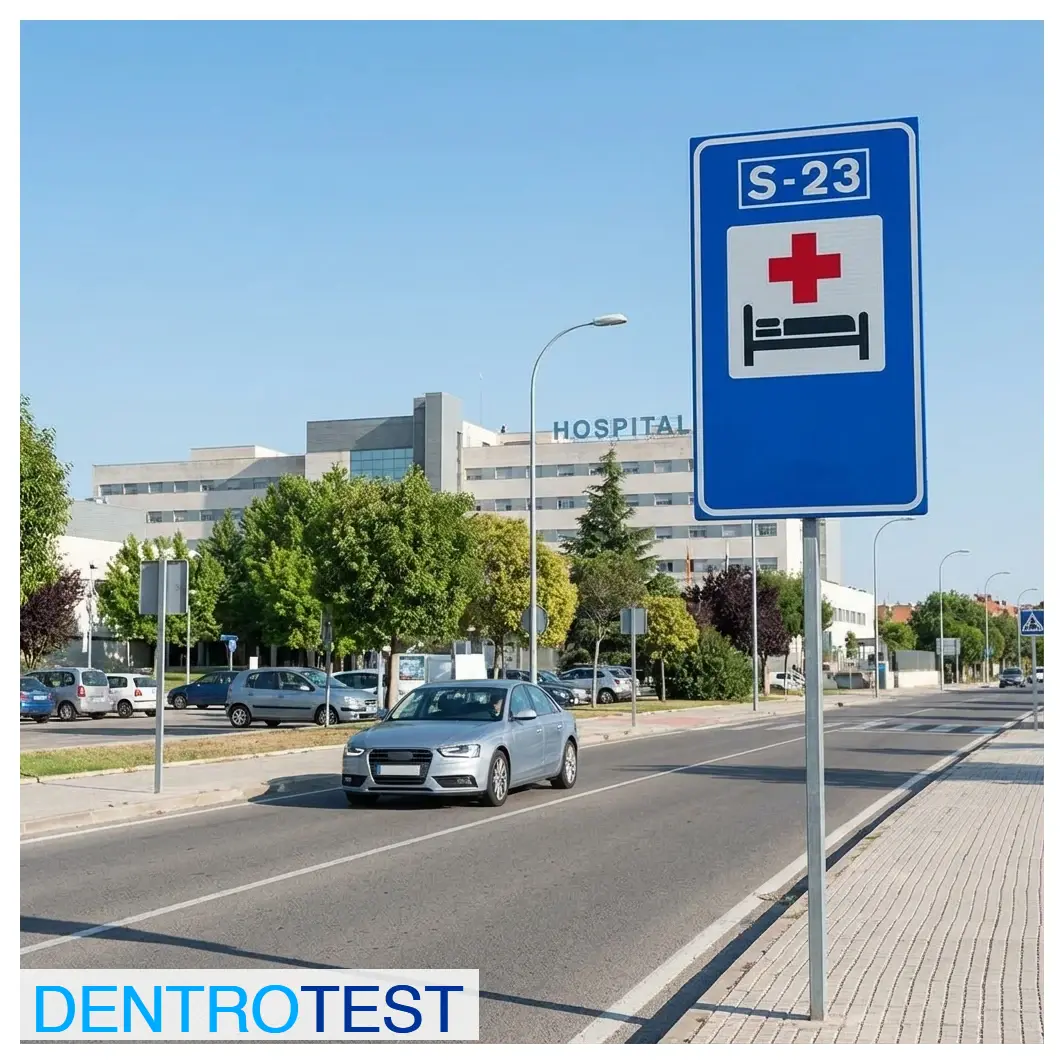 Upon approaching the S-23 (Hospital) sign, what specific precaution must drivers adopt regarding the environment?