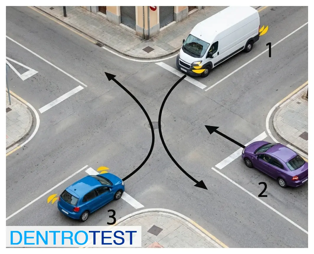 En esta intersección donde no existe señalización que regule la preferencia, ¿cuál es el orden correcto de paso de los vehículos?