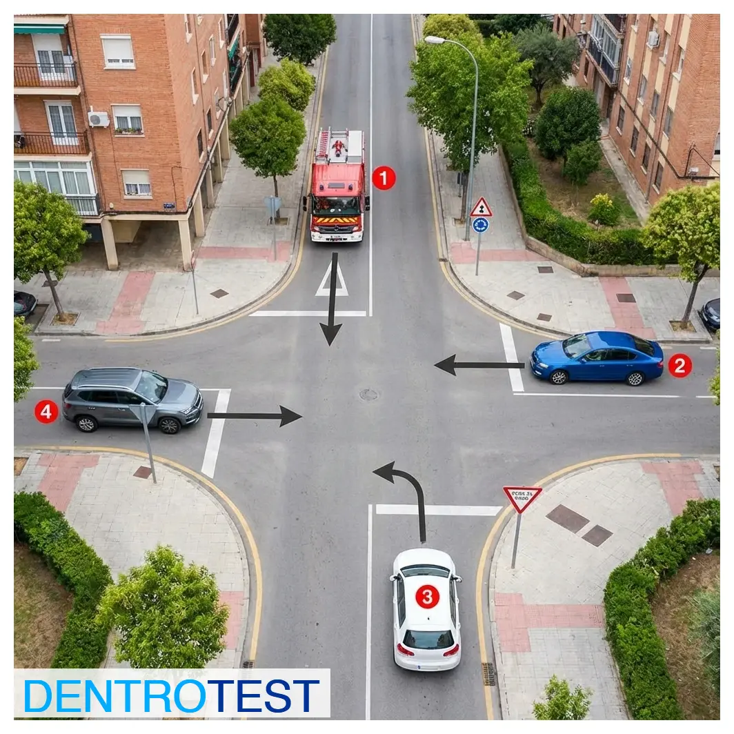Observing the signage and the trajectory of the vehicles, what is the correct order of passage in this intersection?