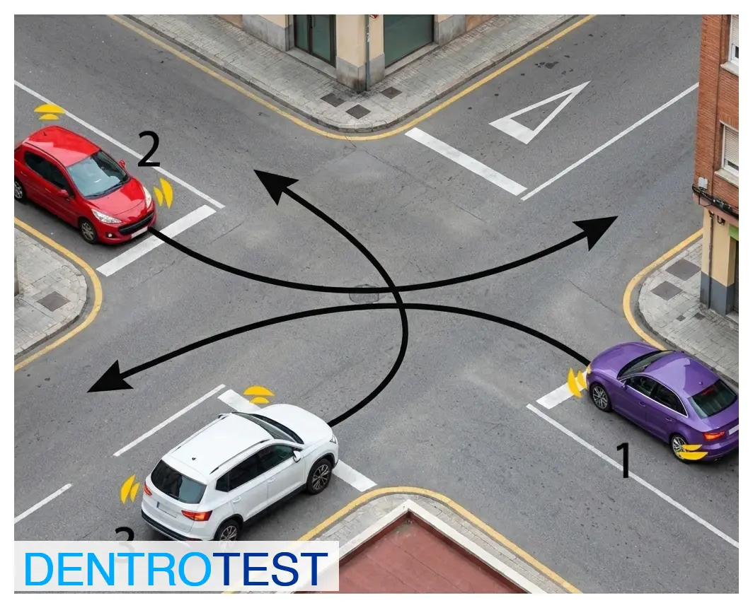 Observing the trajectory of the vehicles at this unmarked intersection, which vehicle has priority to cross first?