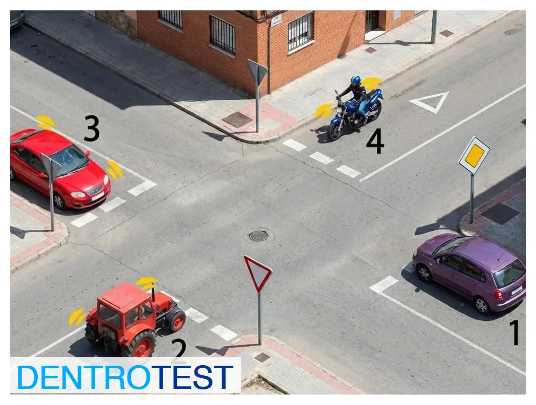 Observing the intersection signaling and the paths of the users, which vehicle will cross in third place?