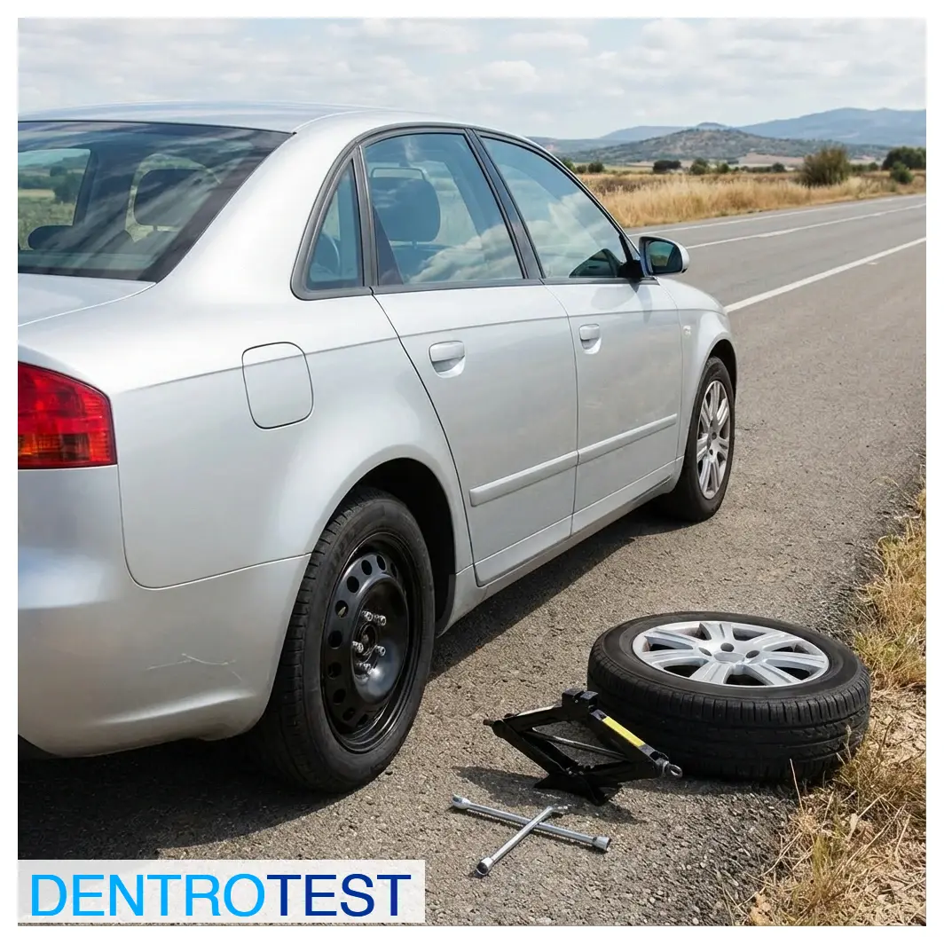 If you suffer a flat tire while driving, what safety measure should you prioritize when stopping?