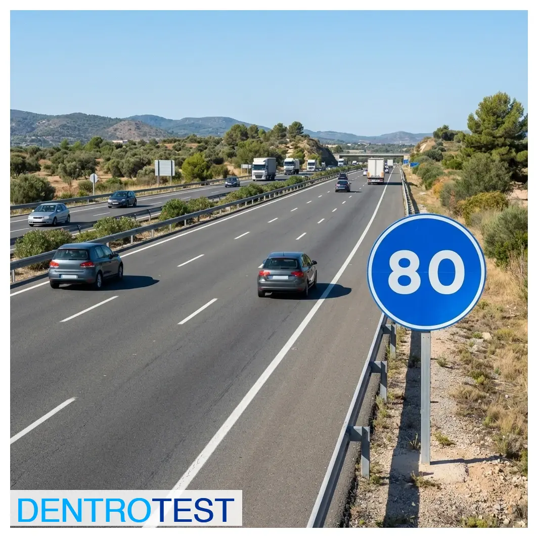 Si circula por una vía interurbana y observa una señal de velocidad mínima de 80 km/h sobre un carril, ¿por cuál debe circular normalmente si su vehículo puede superar esa velocidad?