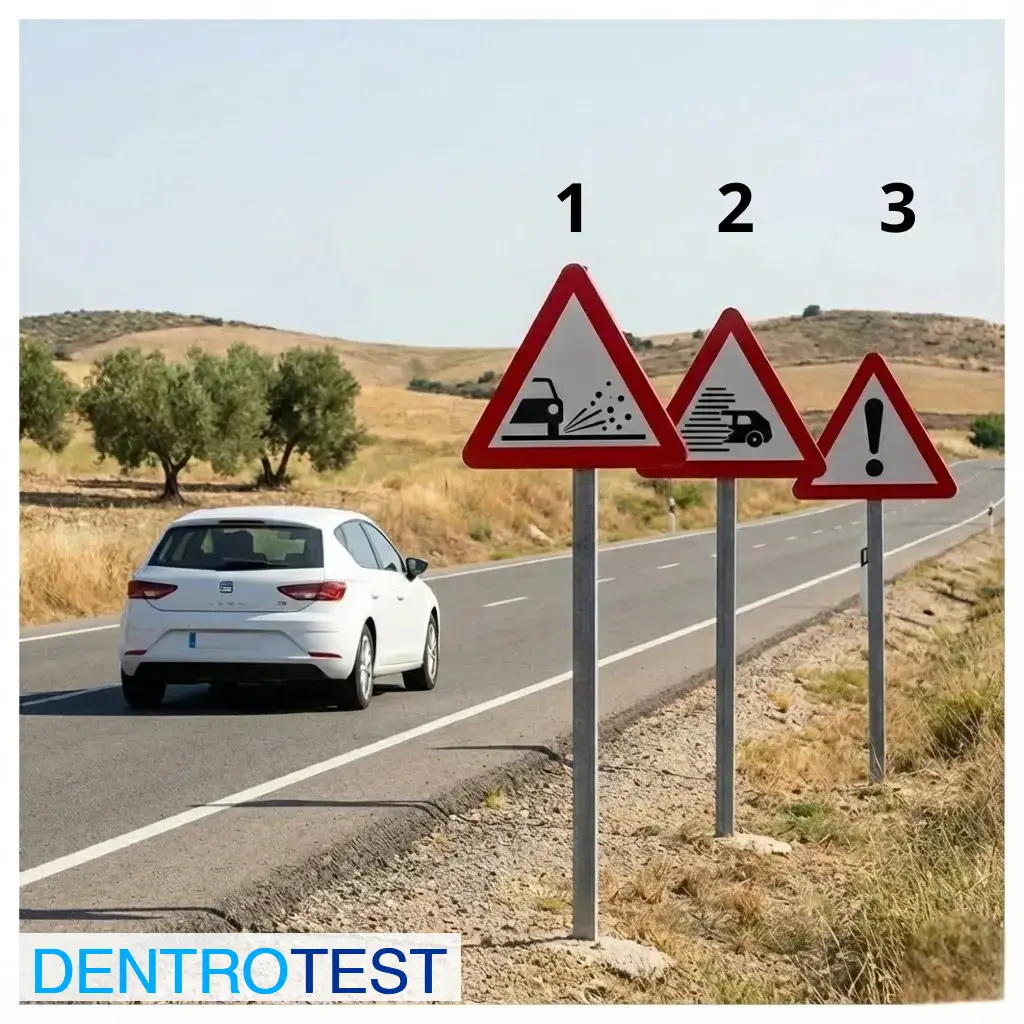 Welches der gezeigten Zeichen warnt vor der Nähe eines Abschnitts mit der Gefahr, dass beim Vorbeifahren der Fahrzeuge Rollsplitt aufgewirbelt wird?