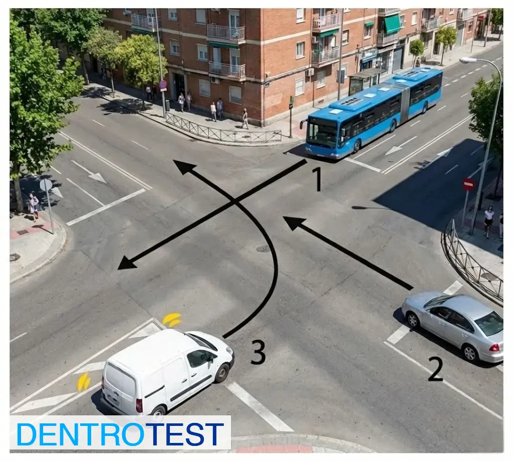 In this intersection of roads with equal priority, which vehicle has the right of way and will cross first?