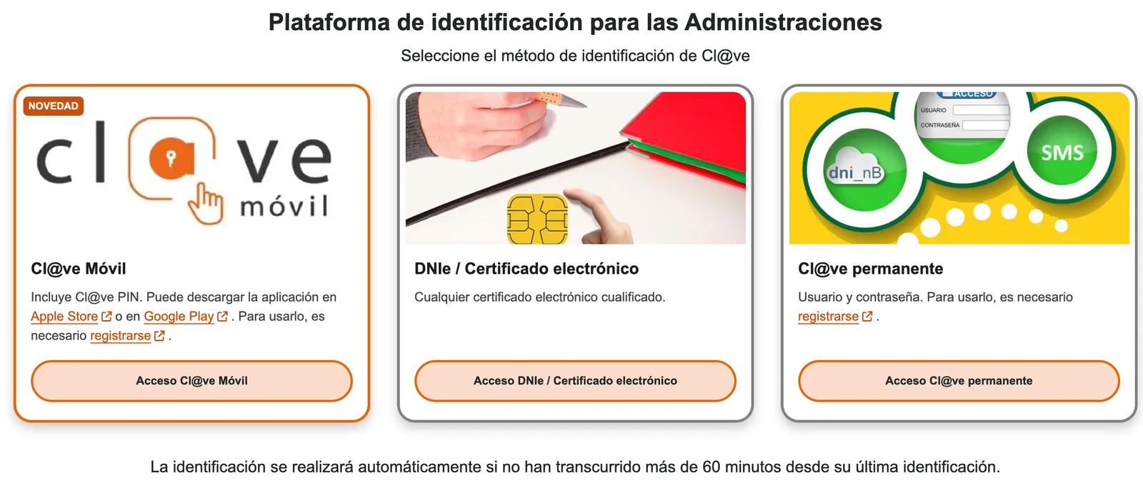 Cl@ve screen with three options: Cl@ve Móvil, electronic ID card or digital certificate, and Cl@ve permanente