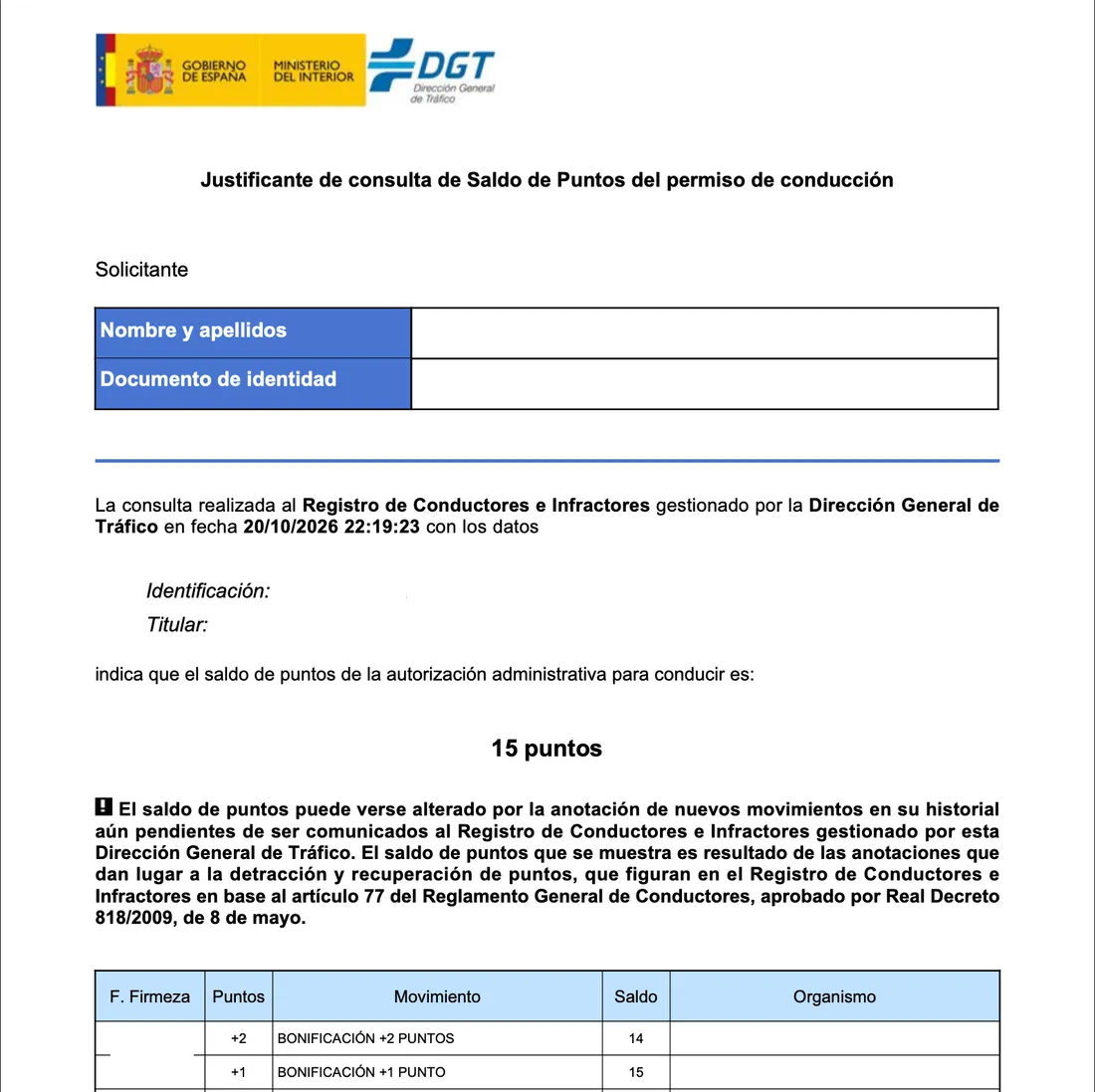 DGT points balance certificate as a PDF, with 15 points and the history of changes (personal data removed)