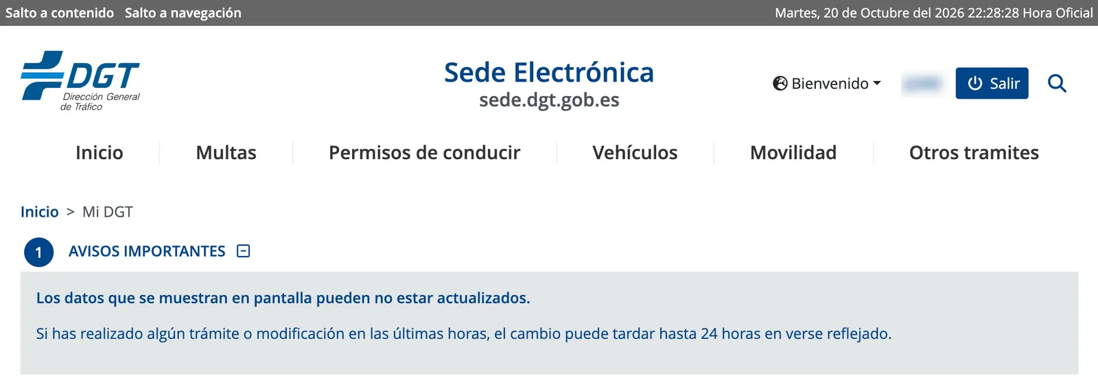 DGT portal notice: the data may not be up to date and a change can take up to 24 hours