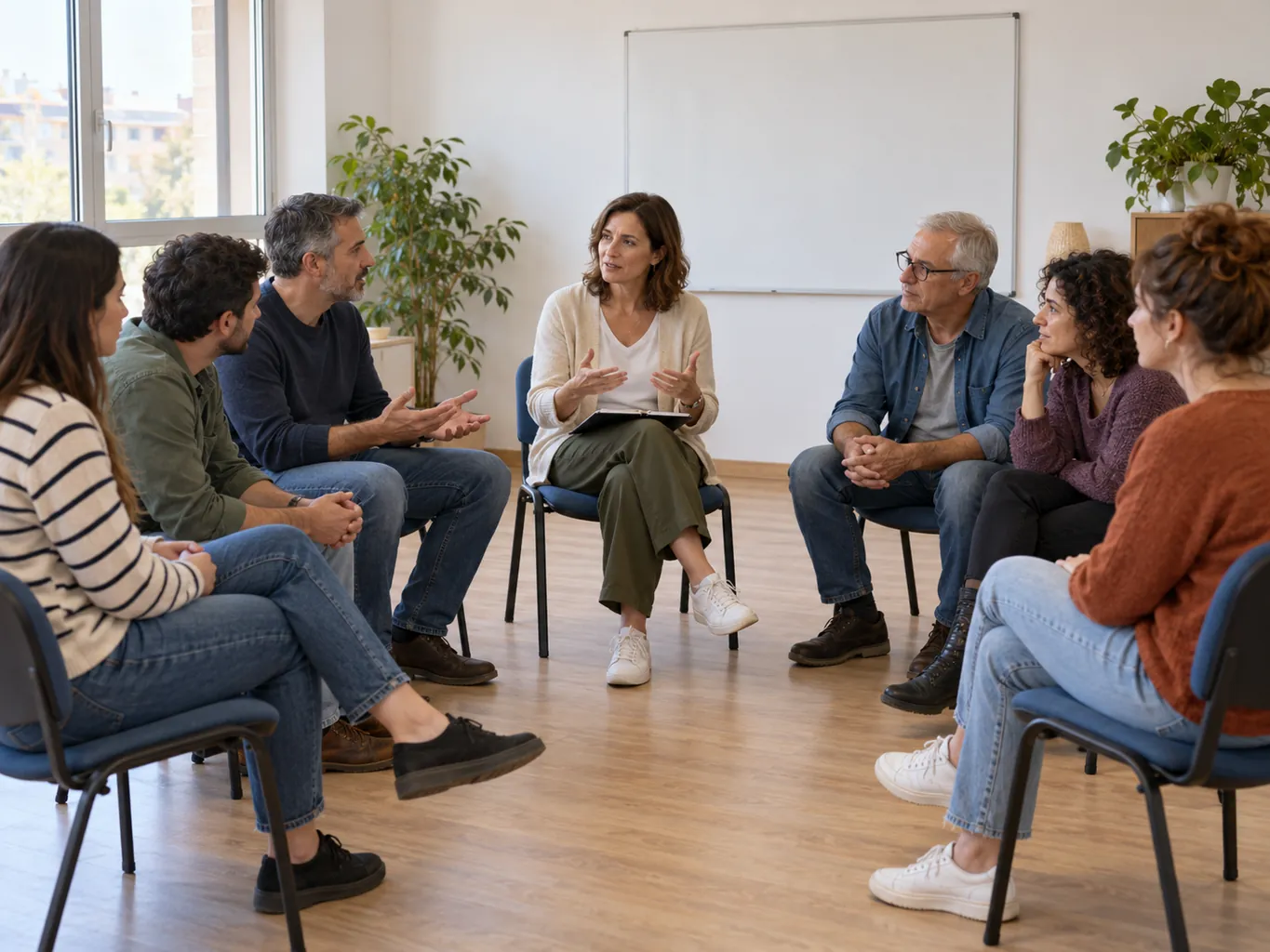 Drivers taking part in a road-safety awareness course session with a psychologist.