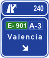 Sign over the carriageway on a motorway and dual carriageway. Immediate exit towards a motorway or dual carriageway