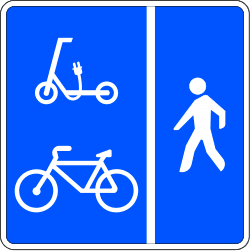 Track reserved for cycles, personal mobility devices, and pedestrians, with segregated traffic space between the first two and the third.