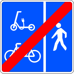 End of track reserved for cycles, personal mobility devices, and pedestrians, with segregated traffic space between the first two and the third.