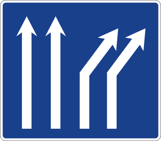 Split of two lanes to the right on a four-lane carriageway