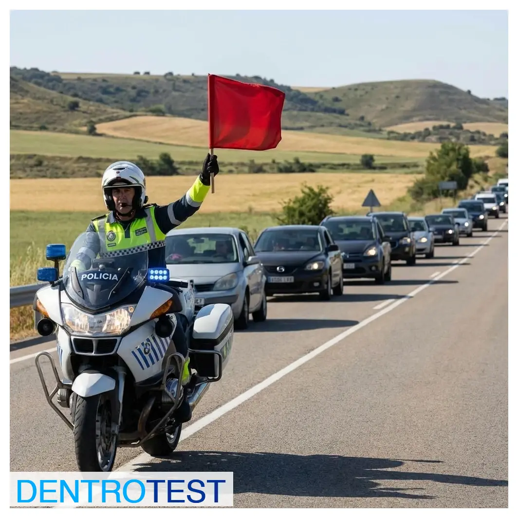 What does a red flag carried by a traffic officer on a motorcycle indicate?