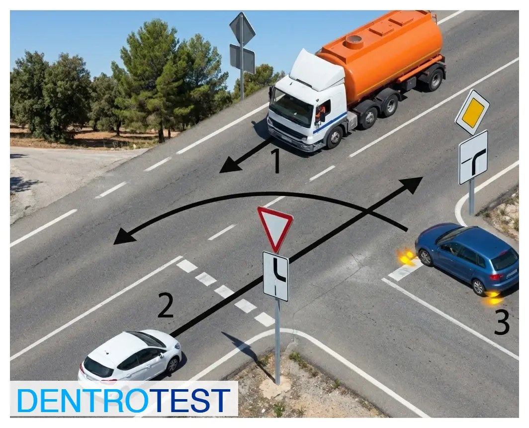 Considering the priority signage, which vehicle will cross the intersection second?