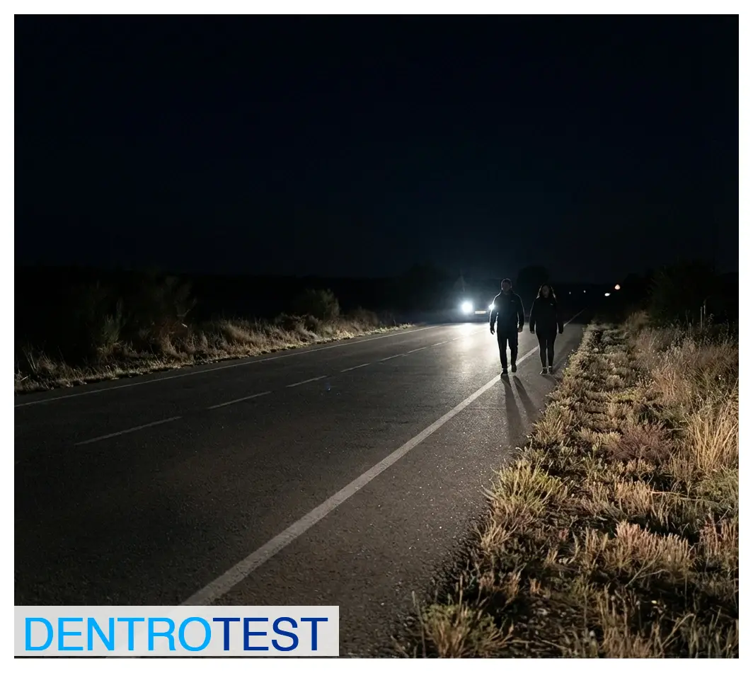 How must a group of pedestrians directed by a person signal their position and size when walking at night on the shoulder of a road outside a built-up area?